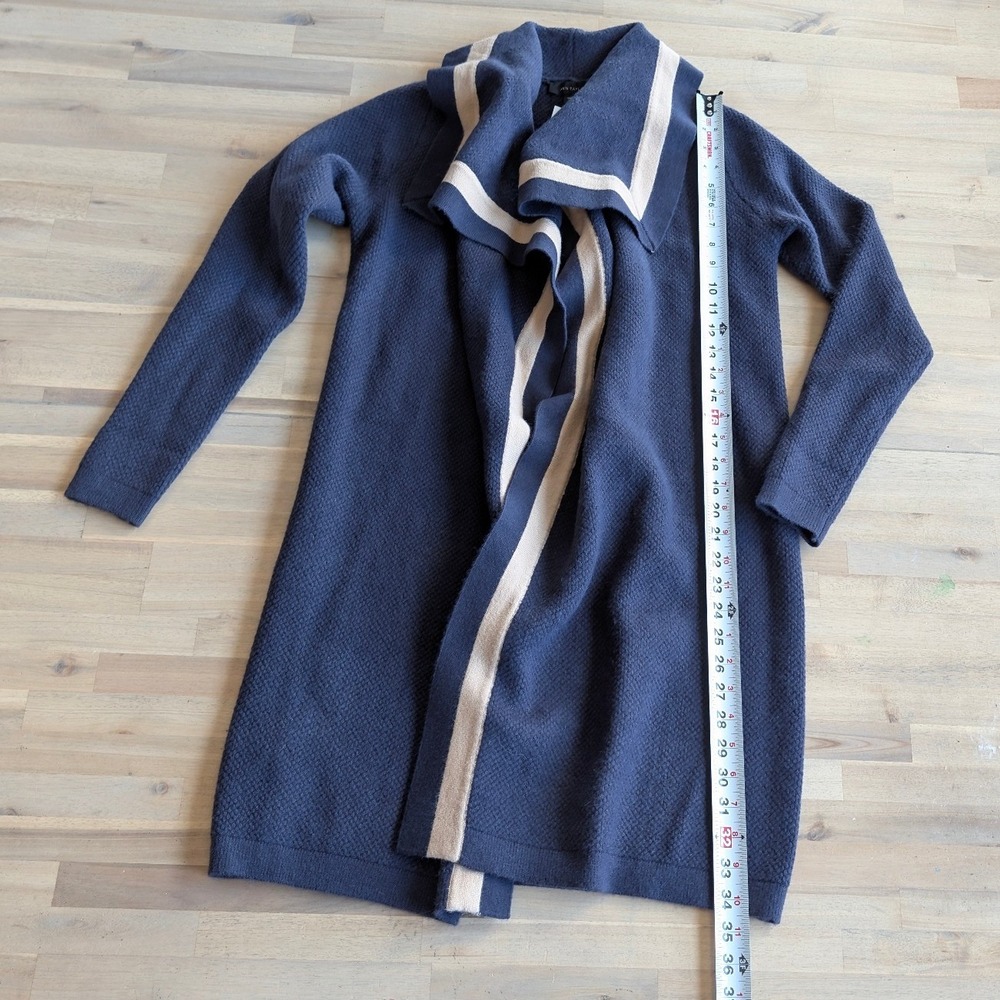 ANN TAYLOR Striped Trim Cascade Cardigan Sweater Navy w/ Beige Trim Size XS NEW - Picture 9 of 11